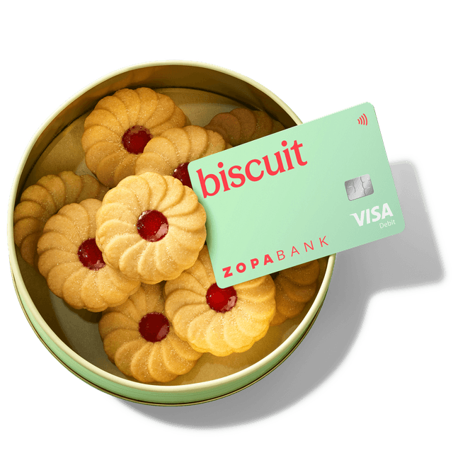 Biscuit in a bowl with the Zopa debit card